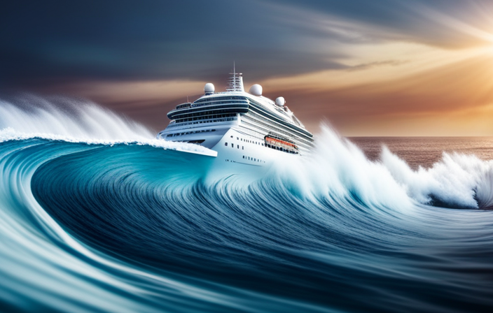 An image showcasing a massive cruise ship effortlessly navigating through tumultuous waves, its sturdy hull towering above the waterline while colossal gusts whip around, demonstrating the ship's remarkable resilience against powerful winds