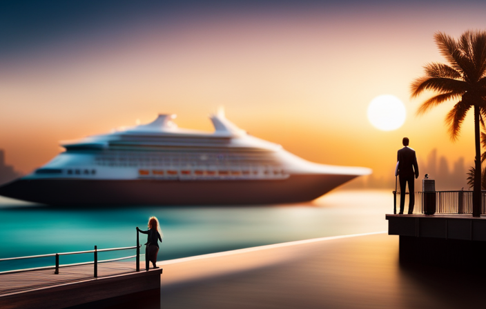 An image showcasing a bustling cruise ship terminal at sunset, with a solitary figure on the dock, watching helplessly as their ship sails away, leaving them behind amidst a backdrop of towering palm trees and turquoise waters