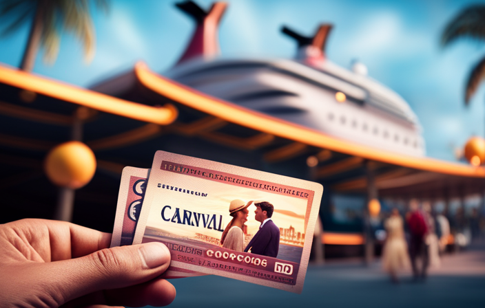 An image showcasing a young couple, holding passports and smiling, as they approach a Carnival Cruise ticket booth