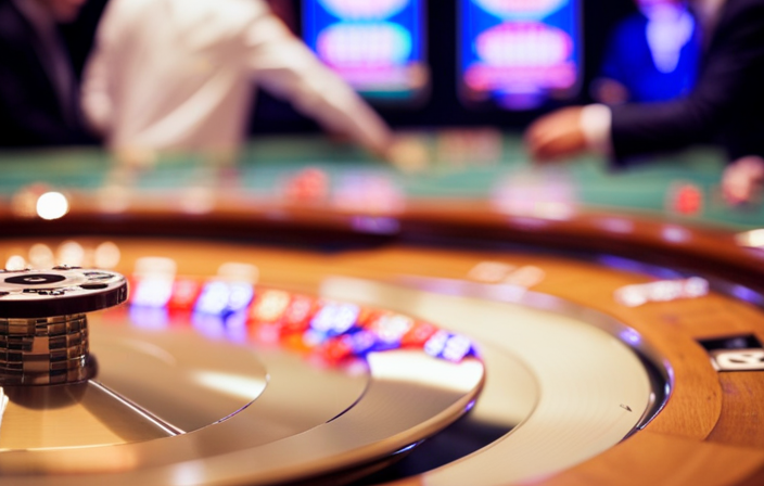 An image portraying a vibrant cruise ship casino, showcasing the holographic roulette wheel spinning, a young couple cheering at the slot machines, while a suited staff member verifies the age of an excited teenager