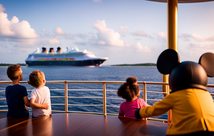 An image capturing a cheerful family on a Disney cruise ship, with parents holding hands, two children laughing on the deck, and a towering Mickey Mouse statue in the background, emphasizing the joy of intergenerational bonding at sea