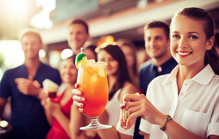 Nt image capturing the lively atmosphere of a cruise ship, where an enthusiastic teenager in a crisp uniform stands at a crowded poolside bar, serving colorful tropical drinks to smiling passengers