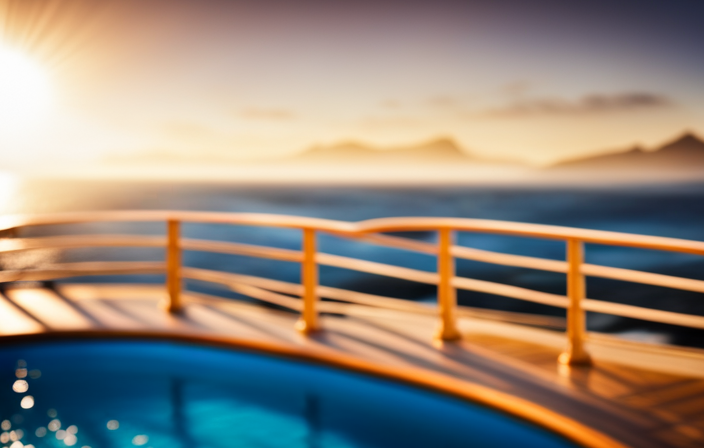 An image showcasing a serene cruise ship deck with a panoramic view of a sparkling azure ocean, adorned with playful splash fountains and a dedicated baby pool area, indicating a safe and enjoyable cruise experience for even the tiniest travelers