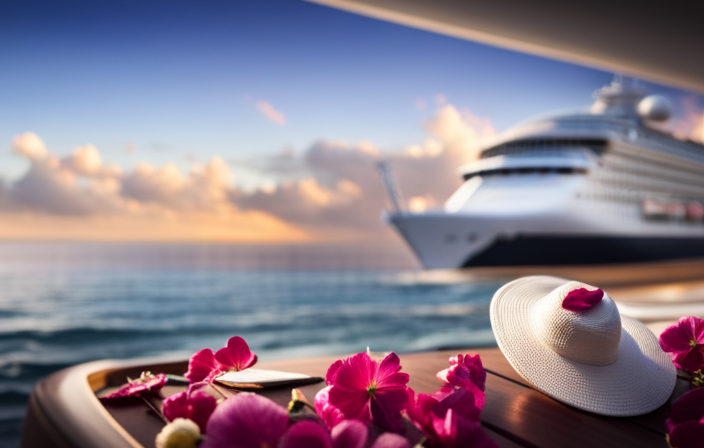 An image of a serene cruise ship deck, adorned with vibrant, tropical flowers