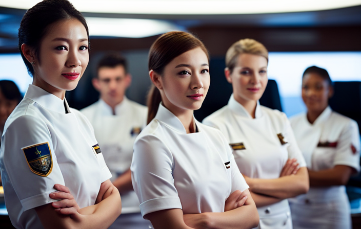 An image depicting a diverse group of young adults in crisp white uniforms, engaged in various ship activities - serving cocktails, assisting passengers, and operating equipment - illustrating the minimum age requirements to work on a cruise ship