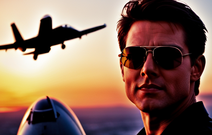 An image of a confident and youthful Tom Cruise, his signature aviator sunglasses reflecting the blazing orange sunset, as he flawlessly maneuvers an F-14 Tomcat fighter jet through the vibrant azure skies in the iconic movie "Top Gun