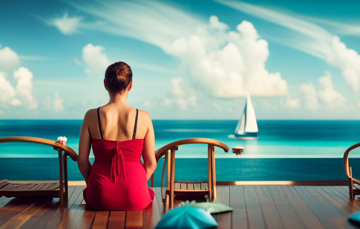 An image showcasing a serene cruise ship sailing on turquoise waters, adorned with vibrant deck chairs and umbrellas