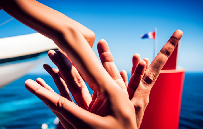 An image showcasing a cheerful group of people at the bow of a Carnival cruise ship, extending their hands to welcome a new member