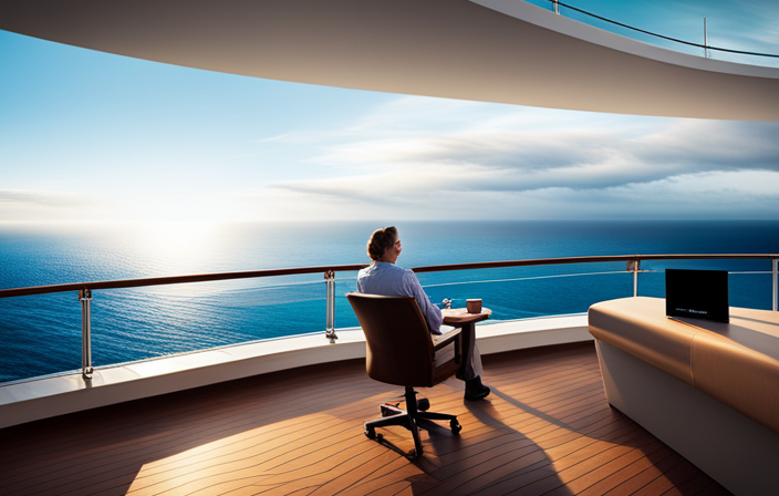 An image showcasing a serene ocean view from a cruise ship's deck, with a smartphone placed in a designated "Wi-Fi only" area, emphasizing the importance of staying connected without incurring costly roaming charges