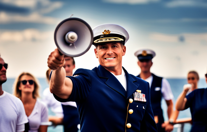 An image showcasing a confident cruise director in a navy blue uniform, standing on the ship's deck, surrounded by enthusiastic passengers, while pointing towards the horizon with a megaphone