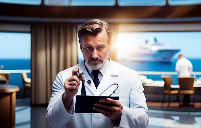 An image showcasing a person in a white lab coat, immersed in a luxurious cruise ship setting