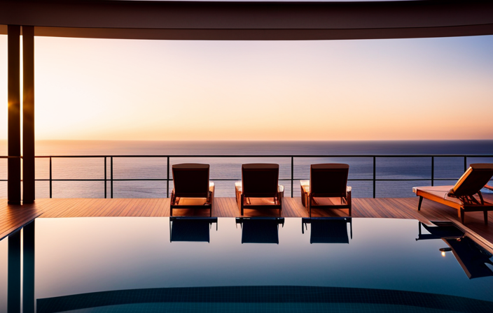 An image showcasing a luxurious cruise ship deck, adorned with elegant loungers and a sparkling pool