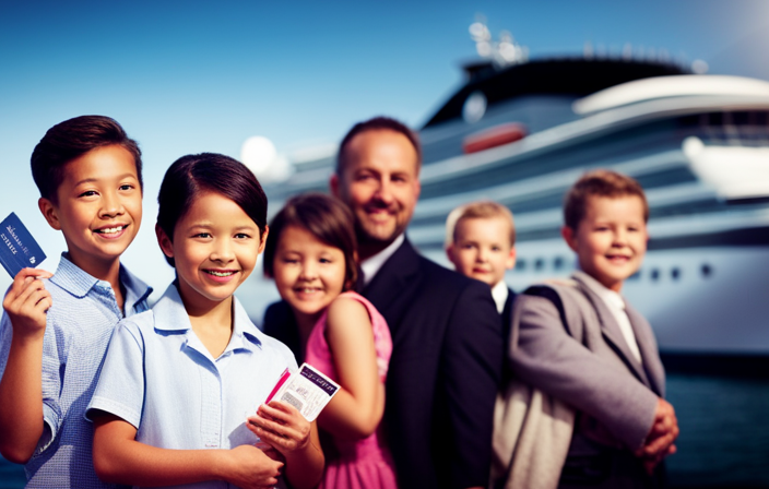 An image showcasing a smiling family of four standing in front of a cruise ship, each holding their passports and tickets, capturing the excitement and anticipation of booking a cruise together