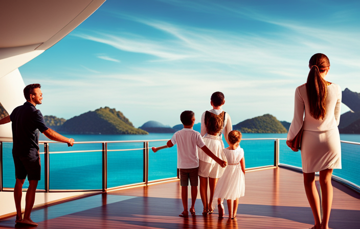 An image showcasing a cheerful family of five standing on the deck of a luxurious cruise ship, surrounded by sparkling turquoise waters and palm-fringed islands, capturing the essence of booking a perfect family cruise getaway