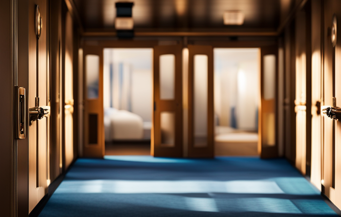 An image featuring a serene cruise ship cabin hallway, lined with vibrant cabin doors