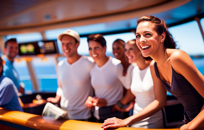 An image depicting a sunny cruise ship deck, teeming with excited passengers effortlessly booking thrilling excursions at the onboard kiosk
