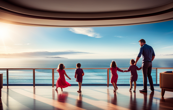 An image showcasing a cheerful family of four, dressed in comfortable attire, onboard a luxurious cruise ship, enjoying the sea breeze and panoramic ocean views, while engaging in various recreational activities and indulging in gourmet dining experiences
