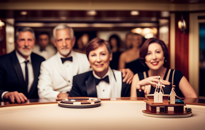 An image showcasing a cruise ship deck with a diverse group of families and friends enjoying their own private cabins, each adorned with personalized decorations and unique themes