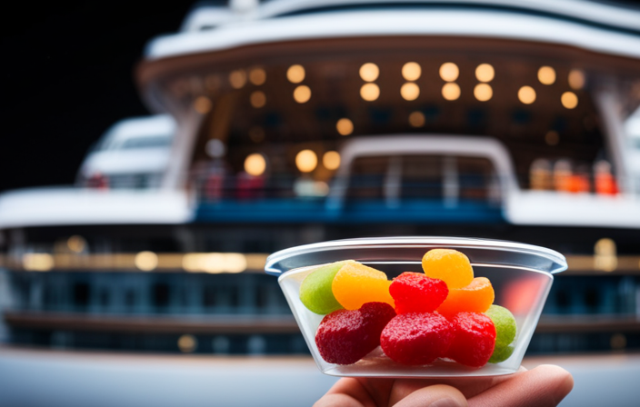 An image capturing a discreet method to bring edibles on a cruise: a traveler's hand carefully concealing homemade cannabis-infused gummies inside a sealed, inconspicuous container, tucked amidst a variety of snacks and toiletries in their luggage
