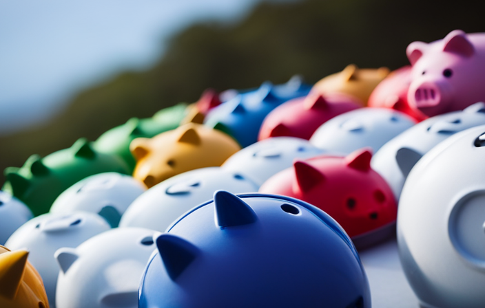 An image showcasing a diverse range of colorful piggy banks, each labeled with different cruise expenses: accommodation, meals, activities, excursions, and gratuities