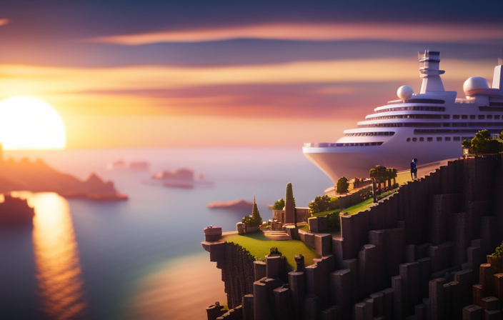 An image showcasing a sprawling Minecraft world, featuring a colossal cruise ship taking shape on a serene coastline