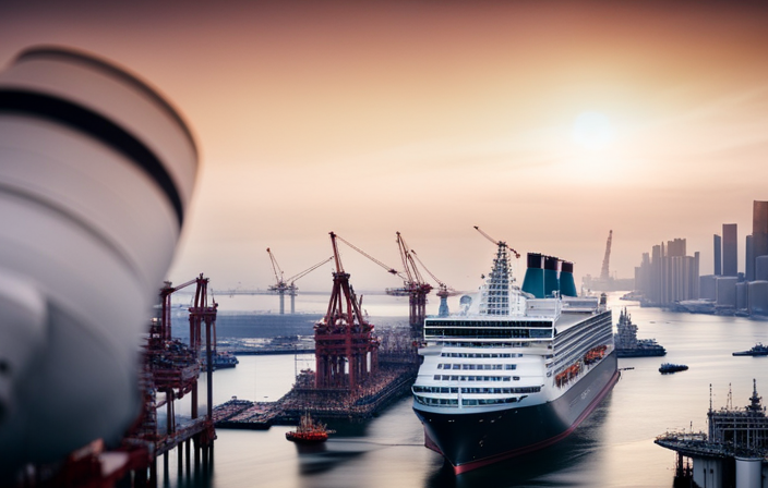A captivating image showcasing a massive shipyard bustling with cranes and workers, welding massive steel hulls