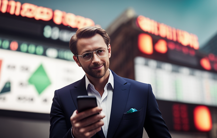 An image showing a person in a crowded stock exchange, confidently purchasing GM Cruise stock on their smartphone