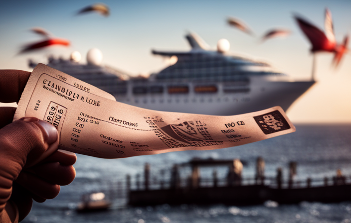 An image capturing the essence of canceling a Carnival Cruise: a frustrated hand holding a crumpled cruise ticket, surrounded by a sea of disappointed faces, with a sinking ship in the background