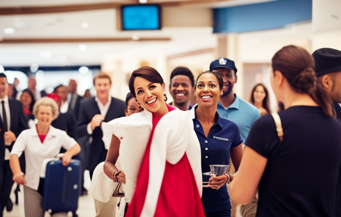 An image showcasing a cheerful Carnival Cruise staff member guiding a group of excited guests towards the ship's entrance, while another friendly staff member assists a family with their luggage