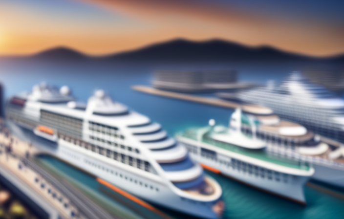 An image showcasing a vibrant harbor lined with luxurious cruise ships of various sizes and styles