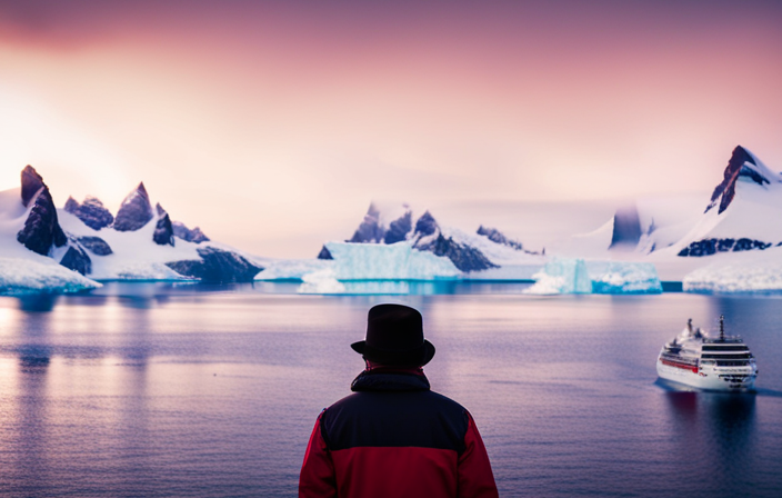 An image that showcases a pristine white landscape of Antarctica, with a luxurious cruise ship in the foreground, surrounded by icebergs and penguins, to entice readers to learn how to choose the perfect Antarctica cruise