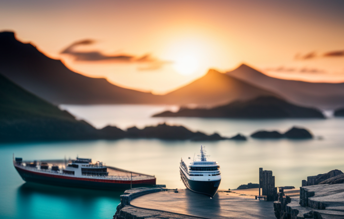 An image showcasing a stunning Galapagos archipelago, with crystal-clear turquoise waters surrounding a luxurious cruise ship