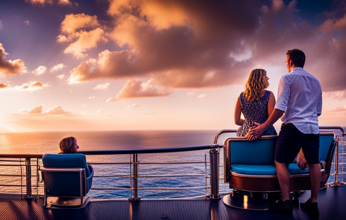 An image showcasing a diverse group of smiling passengers on a Carnival Cruise Ship, engaging in lively conversations while basking in the vibrant atmosphere of the ship's deck, surrounded by colorful decorations and the sparkling blue sea