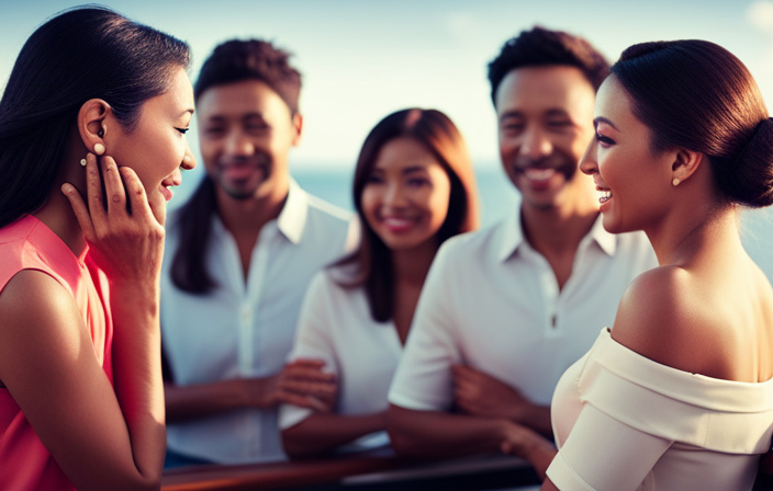 An image showcasing a diverse group of passengers engaged in vibrant conversations across various areas of a stunning cruise ship