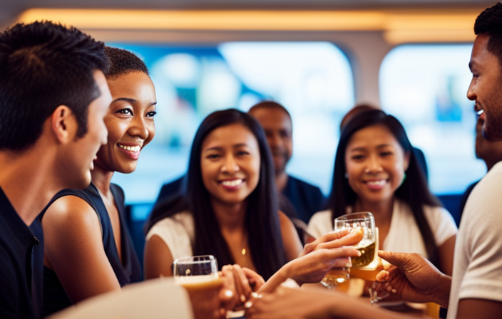 An image featuring a diverse group of passengers engaged in various activities onboard a Royal Caribbean cruise ship, forming connections through animated conversations, friendly gestures, and smiles, showcasing effective communication