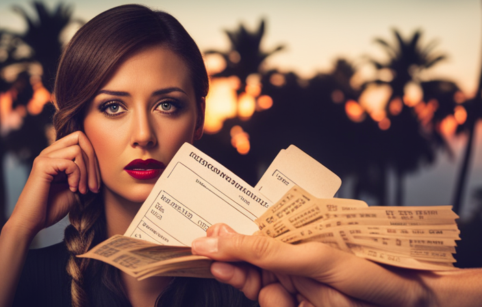 An image showcasing a frustrated passenger holding a canceled excursion ticket, surrounded by a pile of unread complaint letters, while a customer service representative ignores them and instead focuses on a tropical paradise backdrop