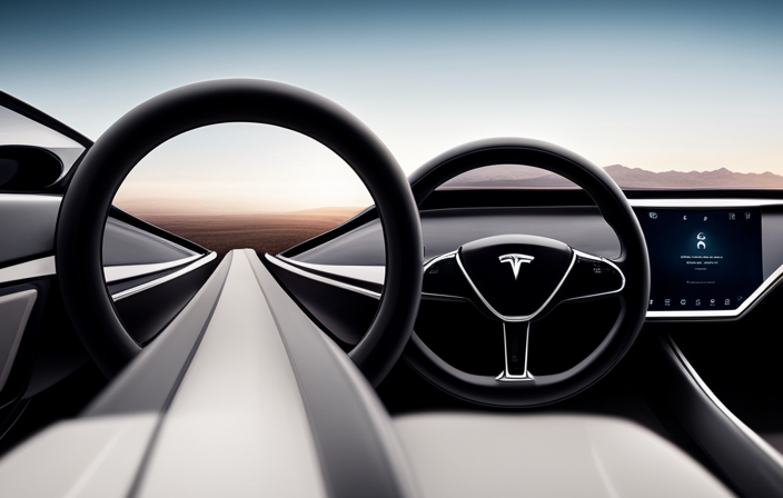 An image showcasing a sleek Tesla Model S gliding effortlessly on an open highway, with the driver's hands gently resting on the steering wheel, illustrating the seamless experience of engaging the cruise control feature