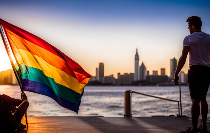 An image showcasing a vibrant, LGBT+-friendly cruise ship adorned with rainbow flags, lively poolside parties, diverse passengers mingling on deck, and a stunning sunset backdrop, inviting readers to explore the art of gay cruising