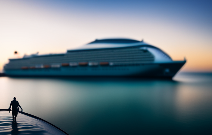 An image showcasing a massive cruise ship, towering above crystal clear turquoise waters