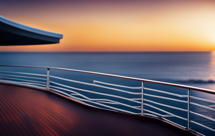 An image showcasing a serene cruise ship deck at sunset, where a solitary figure peacefully gazes at the vast expanse of the ocean, capturing the essence of cruising solo