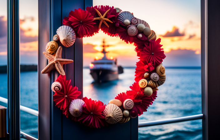 An image showcasing a vibrant cruise door adorned with a personalized magnetic sign, nautical-themed wreath, and colorful hanging decorations like seashells and starfish, instantly enhancing the ship's ambiance