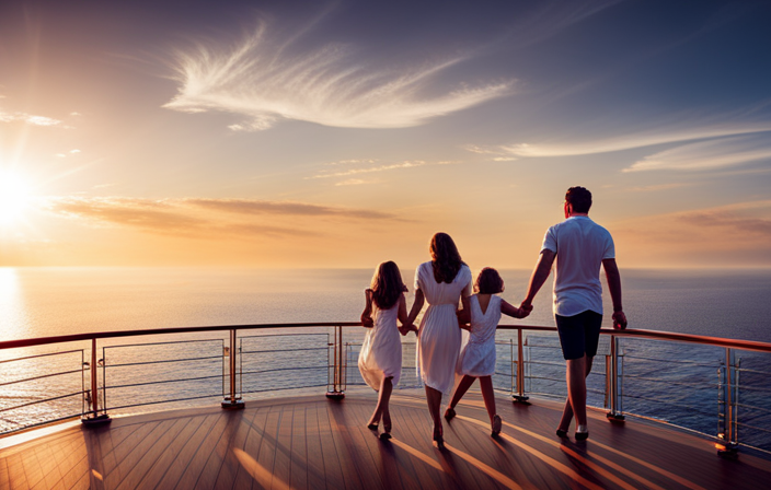 An image showcasing a sun-kissed deck of a luxurious cruise ship, brimming with joyful family members of all ages, engaging in various activities like swimming, playing games, feasting on mouthwatering cuisine, and savoring breathtaking ocean views