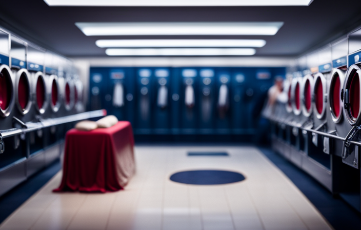 An image capturing the vibrant cruise ship laundry room: steam billowing from ironing stations, rows of gleaming washers and dryers, passengers organizing clothes, and the gentle hum of machines in motion