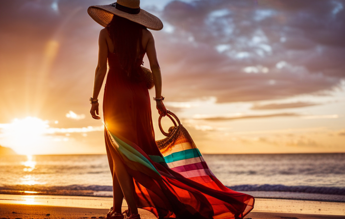 An image showcasing a vibrant, tropical print maxi dress, accessorized with a wide-brimmed straw hat, colorful beaded sandals, and a woven beach bag, perfectly capturing the essence of Caribbean cruise fashion