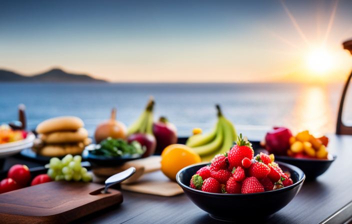 An image of a vibrant cruise ship buffet lined with colorful, fresh fruits, crisp salads, and grilled vegetables
