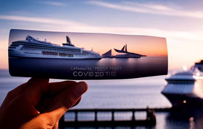 An image featuring a close-up of a hand holding a fake Covid test strip, with a cruise ship in the background