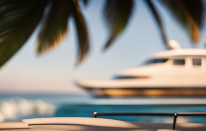 An image of a sunlit deck overlooking a vast expanse of shimmering blue ocean, adorned with vibrant palm trees and a sleek cruise ship in the background, showcasing the ultimate guide to finding your perfect cruise