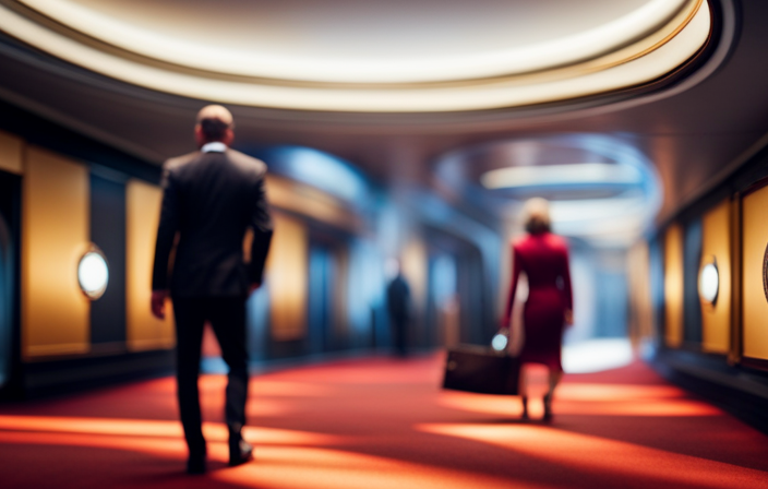 An image capturing the labyrinthine hallways of a Carnival Cruise ship, adorned with vibrant nautical-themed carpets, numbered cabin doors, and directional signs, guiding bewildered guests searching for their room