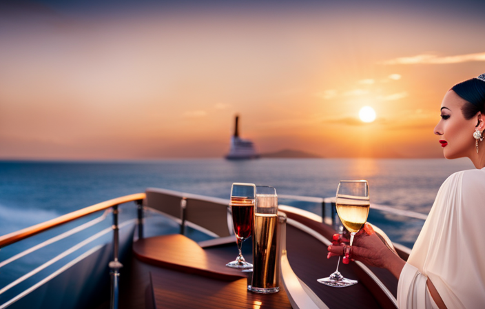 An image showcasing a cruise ship's deck at sunset, adorned with vibrant decorations and guests dressed in elegant 1920s attire