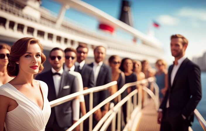 An image featuring a vibrant, sun-soaked cruise ship deck, bustling with diverse groups of people